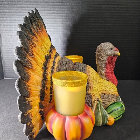 Large Resin Thanksgiving Colorful Turkey Centerpiece With 2 Candle Holders 2 LED - Picture 2 of 12